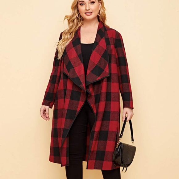 Jackets & Blazers - PLUS buffalo plaid open front trench pea coat fall